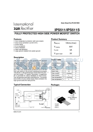 IPS511S datasheet - FULLY PROTECTED HIGH SIDE POWER MOSFET SWITCH