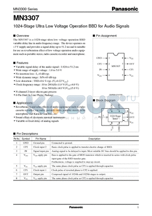MN3307 datasheet - 1024-Stage Ultra Low Voltage Operation BBD for Audio Signals