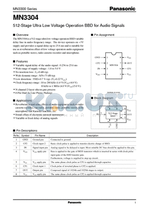 MN3304 datasheet - 512-Stage Ultra Low Voltage Operation BBD for Audio Signals