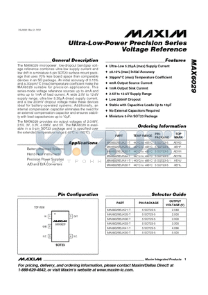 MAX6029EUK21-T datasheet - Ultra-Low-Power Precision Series Voltage Reference