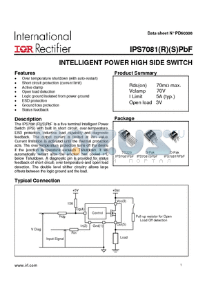 IPS7081RS datasheet - INTELLIGENT POWER HIGH SIDE SWITCH