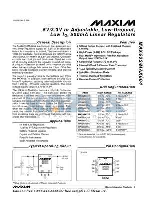 MAX603 datasheet - 5V/3.3V or Adjustable, Low-Dropout, Low IQ, 500mA Linear Regulators