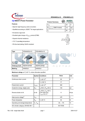 IPSH4N03LAG datasheet - OPTIMOS 2 POWER - TRANSISTOR