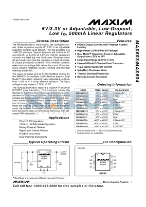 MAX603EPA datasheet - 5V/3.3V or Adjustable, Low-Dropout, Low IQ, 500mA Linear Regulators