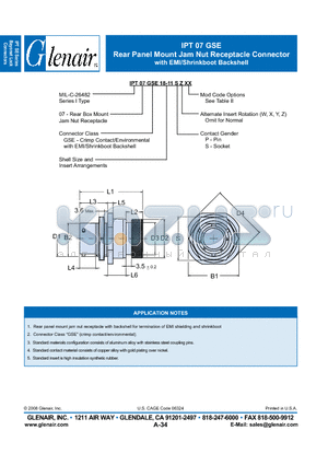 IPT07GSE18-11SZ datasheet - Rear Panel Mount Jam Nut Receptacle Connector