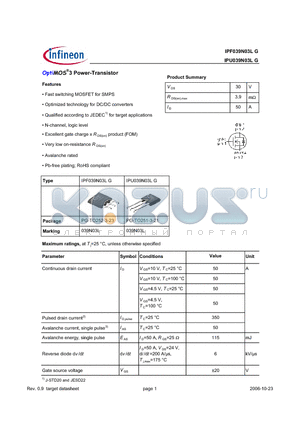 IPU039N03LG datasheet - OptiMOS^3 Power-Transistor Features Fast switching MOSFET for SMPS