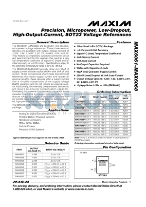 MAX6065AEUR-T datasheet - Precision, Micropower, Low-Dropout, High-Output-Current, SOT23 Voltage References