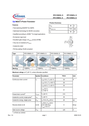 IPU135N03LG datasheet - OptiMOS 3 Power-Transistor Features Optimized technology for DC/DC converters