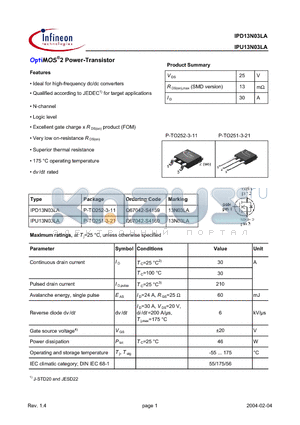IPU13N03LA datasheet - OptiMOS 2 Power-Transistor