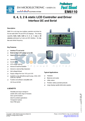 EM6110 datasheet - 8, 4, 3, 2 & static LCD Controller and Driver Interface I2C and Serial