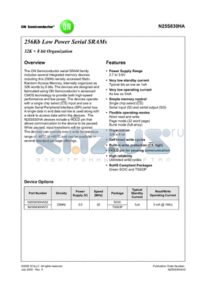 N25S830HAS22IT datasheet - 256Kb Low Power Serial SRAMs 32K  8 bit Organization