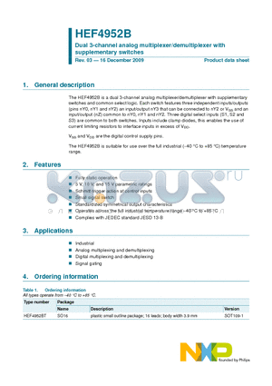 HEF4952BT datasheet - Dual 3-channel analog multiplexer/demultiplexer with supplementary switches