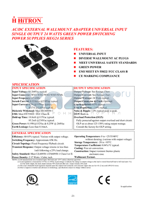 HEG24-033500-1 datasheet - AC/DC EXTERNAL WALLMOUNT ADAPTER UNIVERSAL INPUT SINGLE OUTPUT 24 WATTS GREEN POWER SWITCHING POWER SUPPLIES