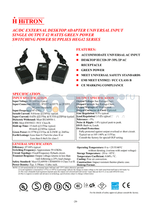 HEG42-150280-8 datasheet - AC/DC EXTERNAL DESKTOP ADAPTER UNIVERSAL INPUT SINGLE OUTPUT 42 WATTS GREEN POWER SWITCHING POWER SUPPLIES