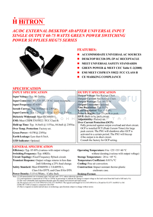 HEG75-S120500-7L datasheet - AC/DC EXTERNAL DESKTOP ADAPTER UNIVERSAL INPUT SINGLE OUTPUT 60-75 WATTS GREEN POWER SWITCHING POWER SUPPLIES