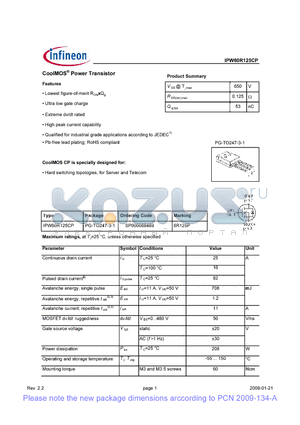 IPW60R125CP datasheet - CoolMOS Power Transistor