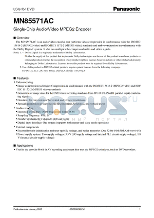 MN85571AC datasheet - Single-Chip Audio/Video MPEG2 Encoder