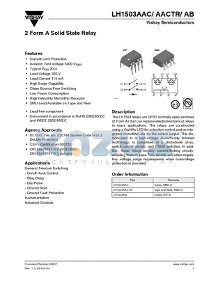 LH1503AAC datasheet - 2 Form A Solid State Relay