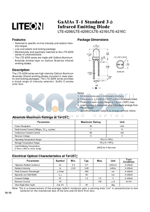 LTE-4206C datasheet - GaAlAs T-1 Standard 3 Infrared Emitting Diode