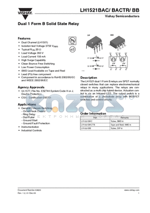 LH1521BB datasheet - Dual 1 Form B Solid State Relay