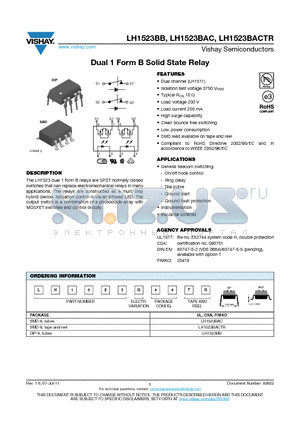 LH1523BB datasheet - Dual 1 Form B Solid State Relay