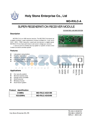 MO-RXLC-AS315M datasheet - SUPER-REGENERATION RECEIVER MODULE