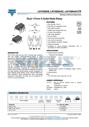 LH1526AAC datasheet - Dual 1 Form A Solid-State Relay