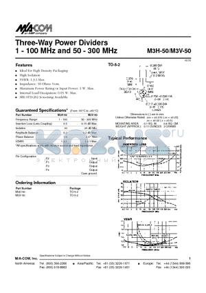 M3H-50 datasheet - Three-Way Power Dividers 1 - 100 MHz and 50 - 300 MHz