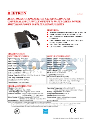 HEMG75-180400-7 datasheet - AC/DC MEDICAL APPLICATION EXTERNAL ADAPTER UNIVERSAL INPUT SINGLE OUTPUT 70 WATTS GREEN POWER SWITCHING POWER SUPPLIES