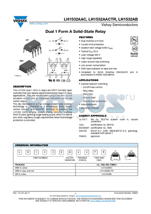 LH1532AACTR datasheet - Dual 1 Form A Solid-State Relay