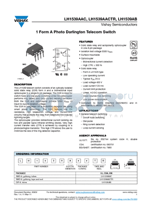 LH1539AAC datasheet - 1 Form A Photo Darlington Telecom Switch