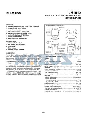 LH1540 datasheet - HIGH VOLTAGE, SOLID STATE RELAY OPTOCOUPLER