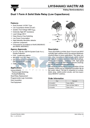 LH1544AAC datasheet - Dual 1 Form A Solid State Relay (Low Capacitance)