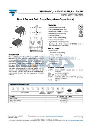 LH1544AAC datasheet - Dual 1 Form A Solid State Relay (Low Capacitance)