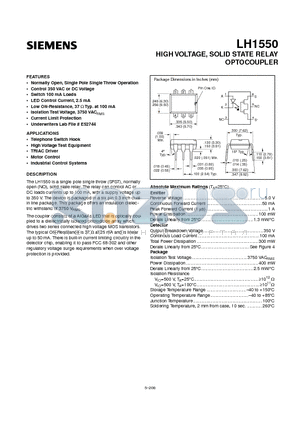 LH1550 datasheet - HIGH VOLTAGE, SOLID STATE RELAY OPTOCOUPLER