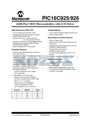 PIC16C926 datasheet - 64/68-Pin CMOS Microcontrollers with LCD Driver