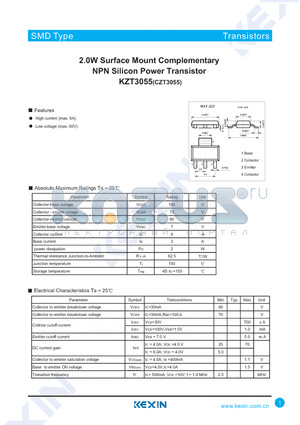 KZT3055 datasheet - 2.0W Surface Mount Complementary NPN Silicon Power Transistor