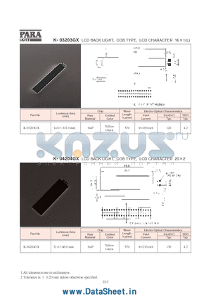 K-03203GX datasheet - LCD BACK LIGHT, COB TYPE, LCD CHARACTER 16X1(L)