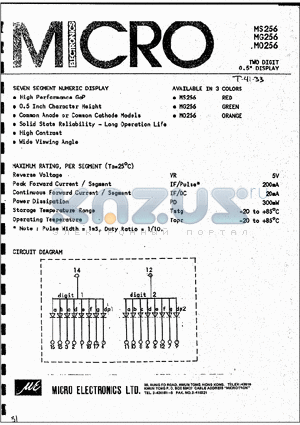 MO256 datasheet - SEVEN SEGEMENT NUMERIC DISPLAY