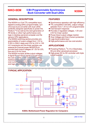 N3004 datasheet - 5 Bit Programmable Synchronous Buck Converter with Dual LDOs