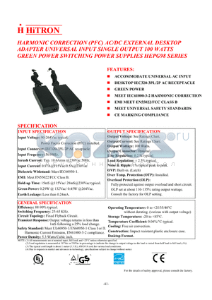 HEPG98-S190051-7L datasheet - HARMONIC CORRECTION (PFC) AC/DC EXTERNAL DESKTOP ADAPTER UNIVERSAL INPUT SINGLE OUTPUT 100 WATTS GREEN POWER SWITCHING POWER SUPPLIES