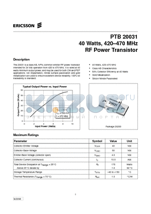 PTB20031 datasheet - 40 Watts, 420-470 MHz RF Power Transistor