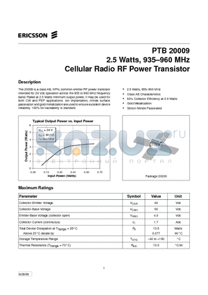 PTB20009 datasheet - 2.5 Watts, 935-960 MHz Cellular Radio RF Power Transistor