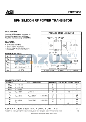 PTB20038 datasheet - NPN SILICON RF POWER TRANSISTOR