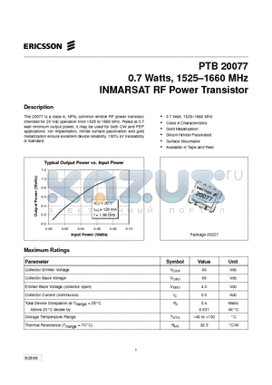 PTB20077 datasheet - 0.7 Watts, 1525-1660 MHz INMARSAT RF Power Transistor
