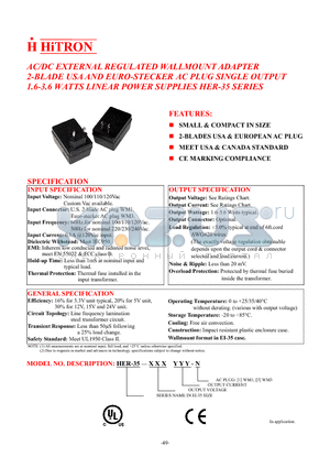 HER-35-033060-1 datasheet - AC/DC EXTERNAL REGULATED WALLMOUNT ADAPTER 2-BLADE USA AND EURO-STECKER AC PLUG SINGLE OUTPUT 1.6-3.6 WATTS LINEAR POWER SUPPLIES