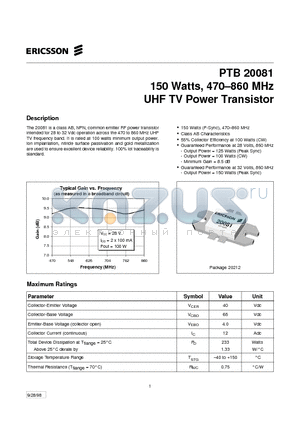 PTB20081 datasheet - 150 Watts, 470-860 MHz UHF TV Power Transistor