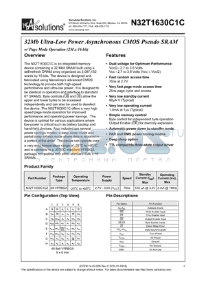 N32T1630C1C datasheet - 32Mb Ultra-Low Power Asynchronous CMOS Pseudo SRAM