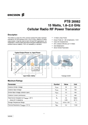 PTB20082 datasheet - 15 Watts, 1.8-2.0 GHz Cellular Radio RF Power Transistor