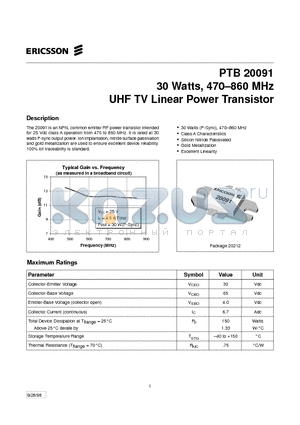 PTB20091 datasheet - 30 Watts, 470-860 MHz UHF TV Linear Power Transistor